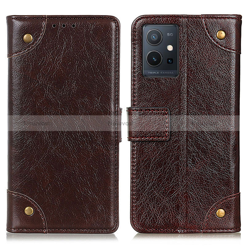 Leather Case Stands Flip Cover Holder K06Z for Vivo T1 5G India Brown