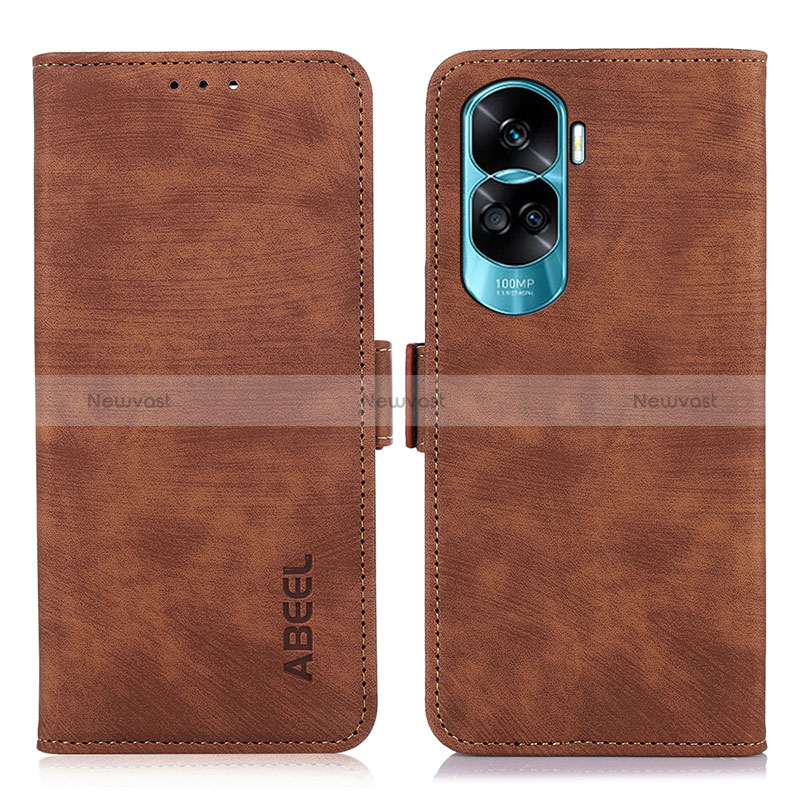 Leather Case Stands Flip Cover Holder K08Z for Huawei Honor 90 Lite 5G Brown