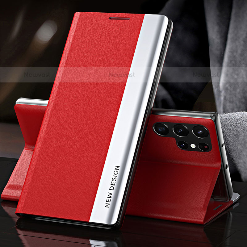 Leather Case Stands Flip Cover Holder L01 for Samsung Galaxy S21 Ultra 5G Red