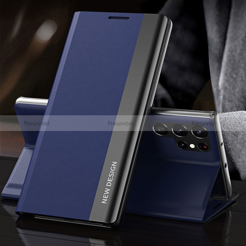 Leather Case Stands Flip Cover Holder L01 for Samsung Galaxy S24 Ultra 5G Blue