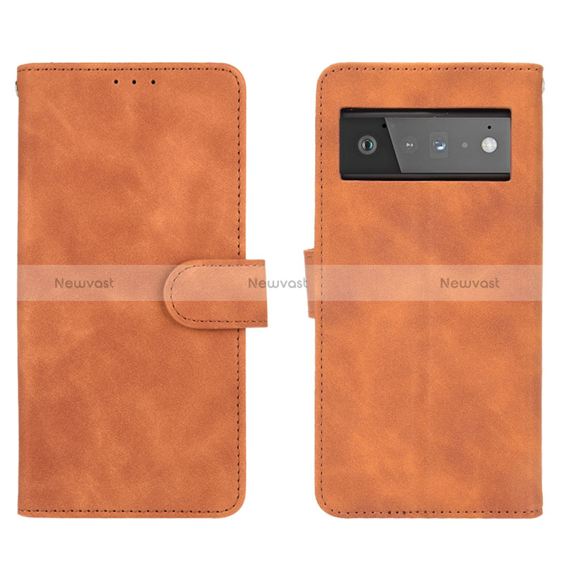 Leather Case Stands Flip Cover Holder L01Z for Google Pixel 6 5G Brown