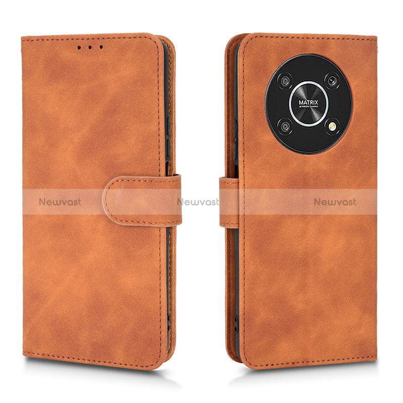 Leather Case Stands Flip Cover Holder L01Z for Huawei Honor X9 5G Brown