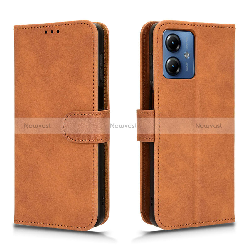 Leather Case Stands Flip Cover Holder L01Z for Motorola Moto G14 Brown