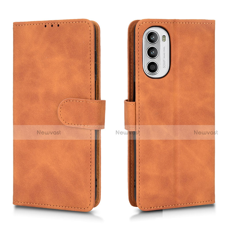 Leather Case Stands Flip Cover Holder L01Z for Motorola Moto G52j 5G Brown