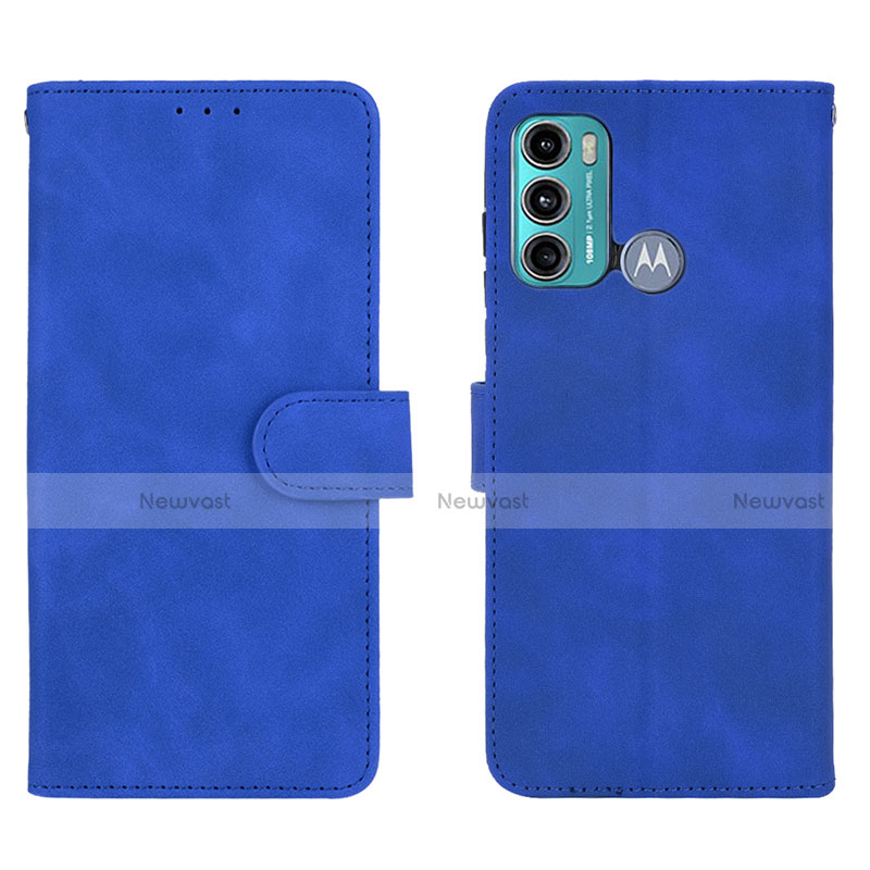 Leather Case Stands Flip Cover Holder L01Z for Motorola Moto G60 Blue