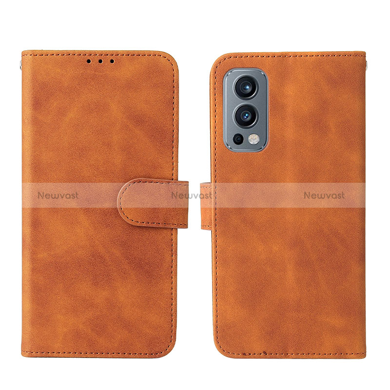 Leather Case Stands Flip Cover Holder L01Z for OnePlus Nord 2 5G Brown