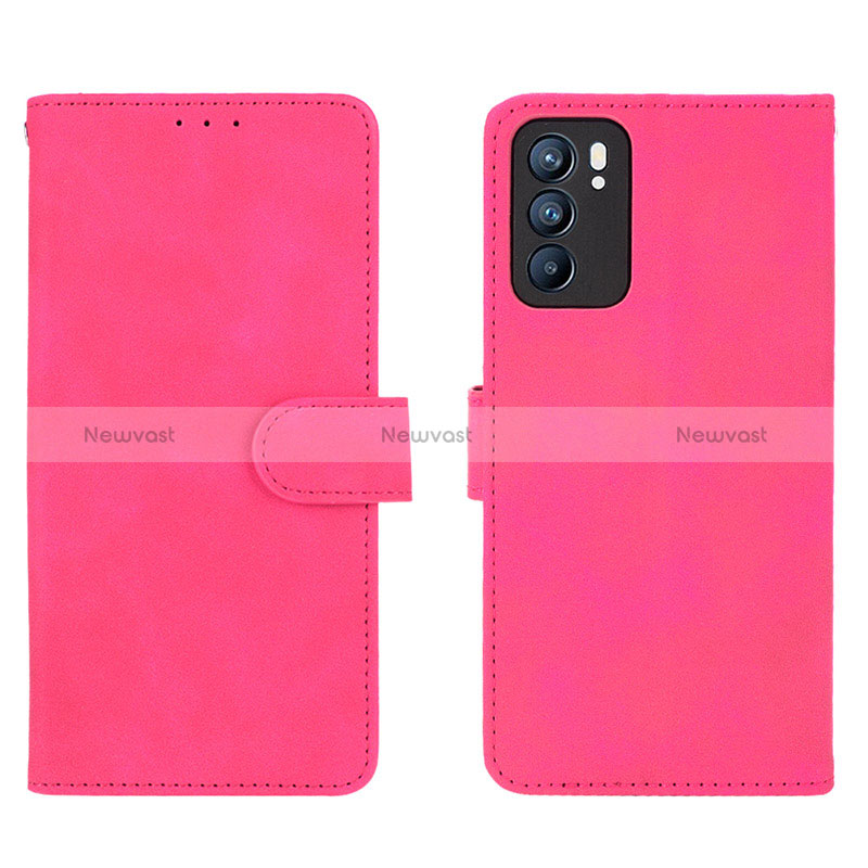 Leather Case Stands Flip Cover Holder L01Z for Oppo Reno6 5G Hot Pink