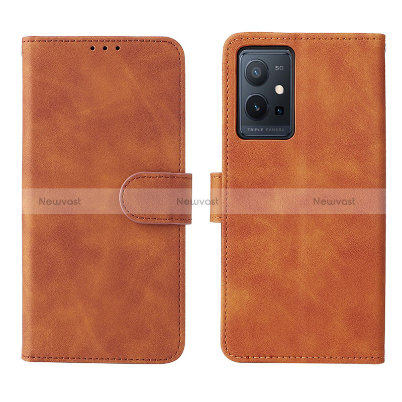 Leather Case Stands Flip Cover Holder L01Z for Vivo iQOO Z6 5G Brown