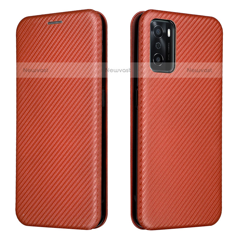 Leather Case Stands Flip Cover Holder L02Z for Oppo A55S 5G Brown