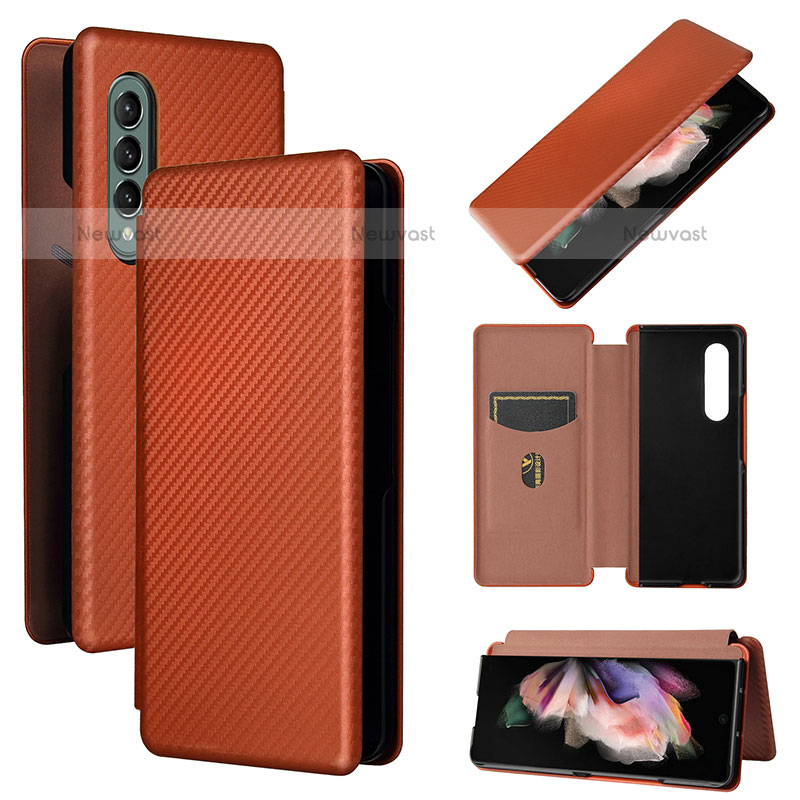 Leather Case Stands Flip Cover Holder L02Z for Samsung Galaxy Z Fold3 5G Brown