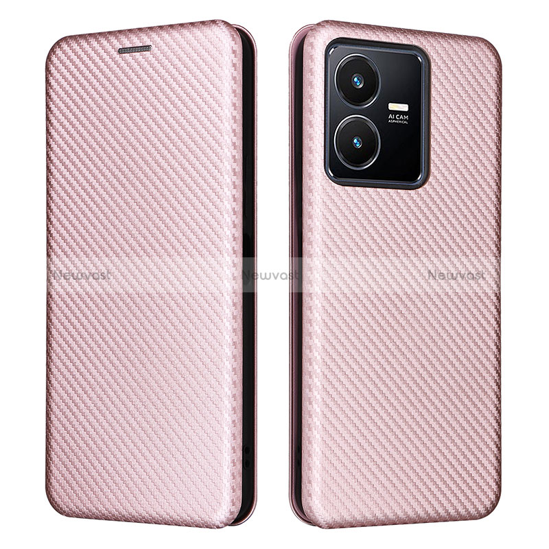 Leather Case Stands Flip Cover Holder L02Z for Vivo Y22 Rose Gold