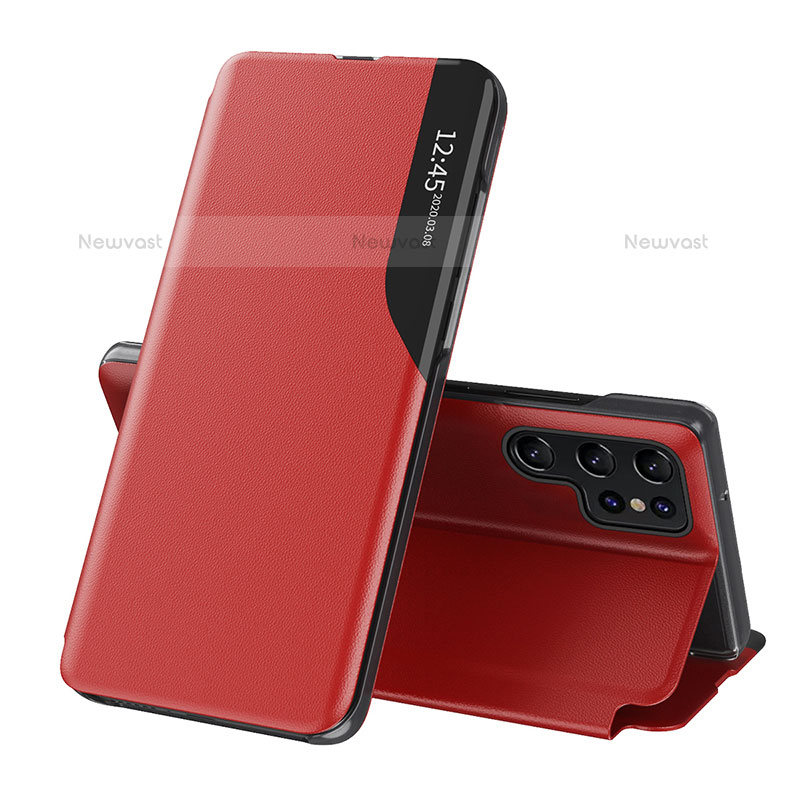 Leather Case Stands Flip Cover Holder L03 for Samsung Galaxy S22 Ultra 5G Red