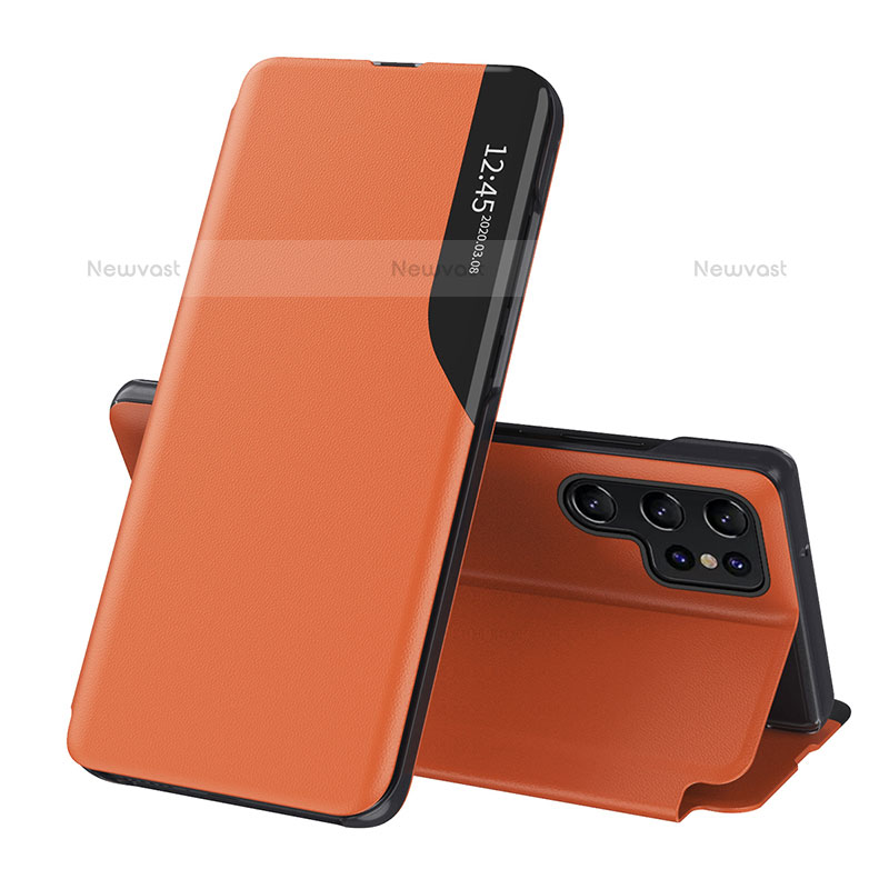 Leather Case Stands Flip Cover Holder L03 for Samsung Galaxy S23 Ultra 5G Orange