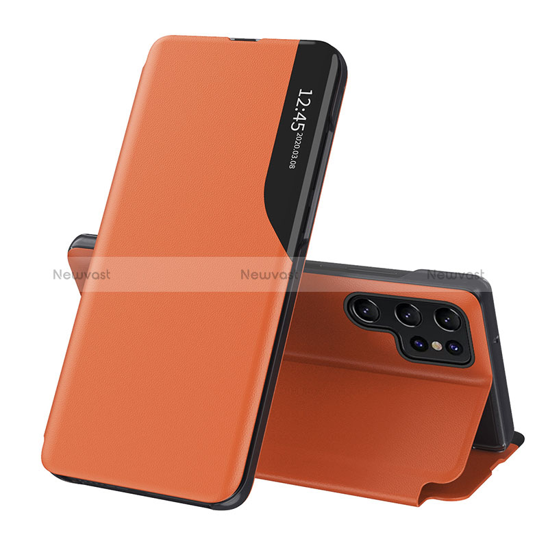 Leather Case Stands Flip Cover Holder L03 for Samsung Galaxy S24 Ultra 5G Orange