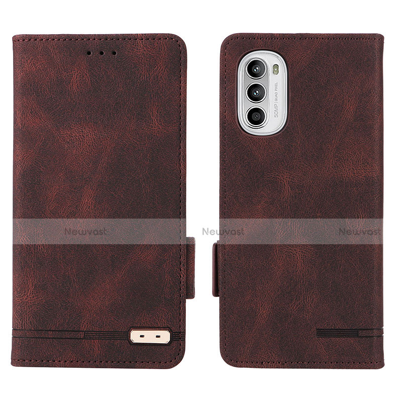 Leather Case Stands Flip Cover Holder L03Z for Motorola Moto G52j 5G Brown