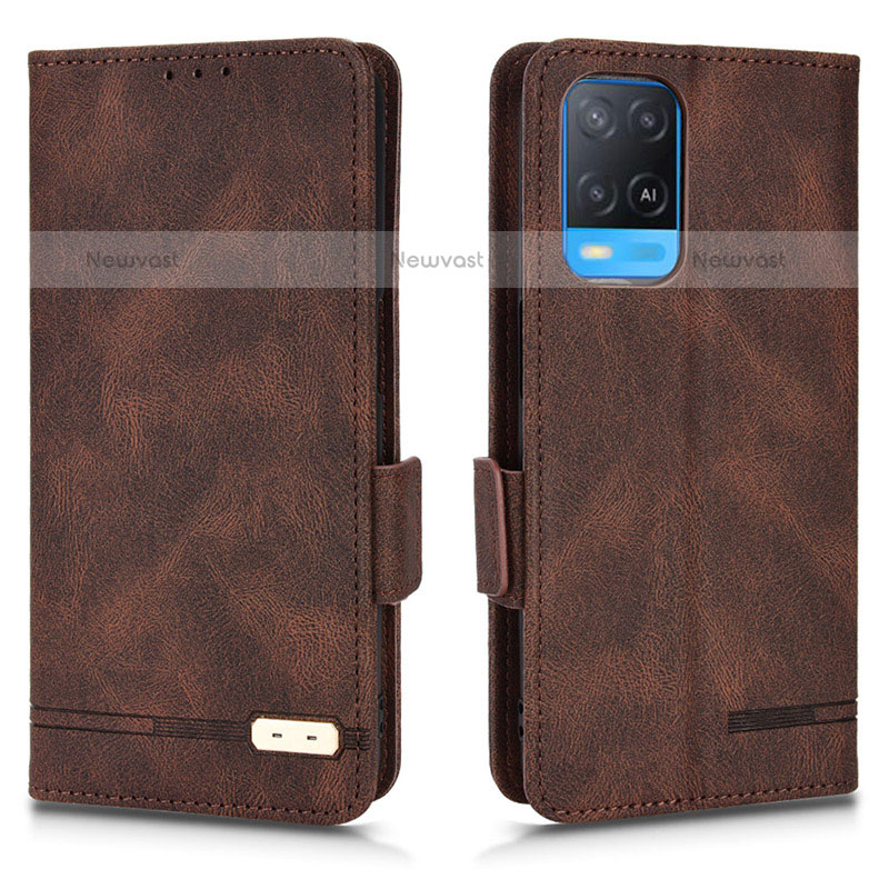 Leather Case Stands Flip Cover Holder L03Z for Oppo A54 4G Brown