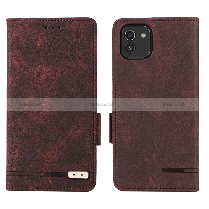 Leather Case Stands Flip Cover Holder L03Z for Samsung Galaxy A03 Brown