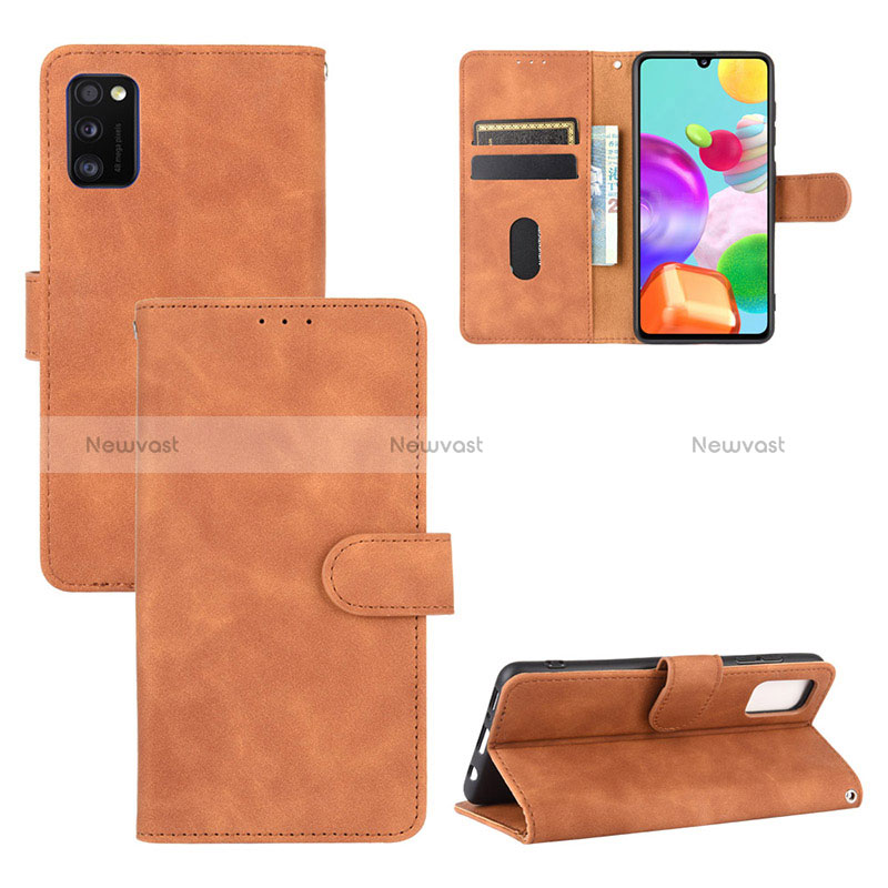 Leather Case Stands Flip Cover Holder L03Z for Samsung Galaxy A41 Brown