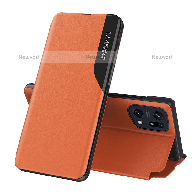 Leather Case Stands Flip Cover Holder L04 for Oppo Find X5 Pro 5G Orange