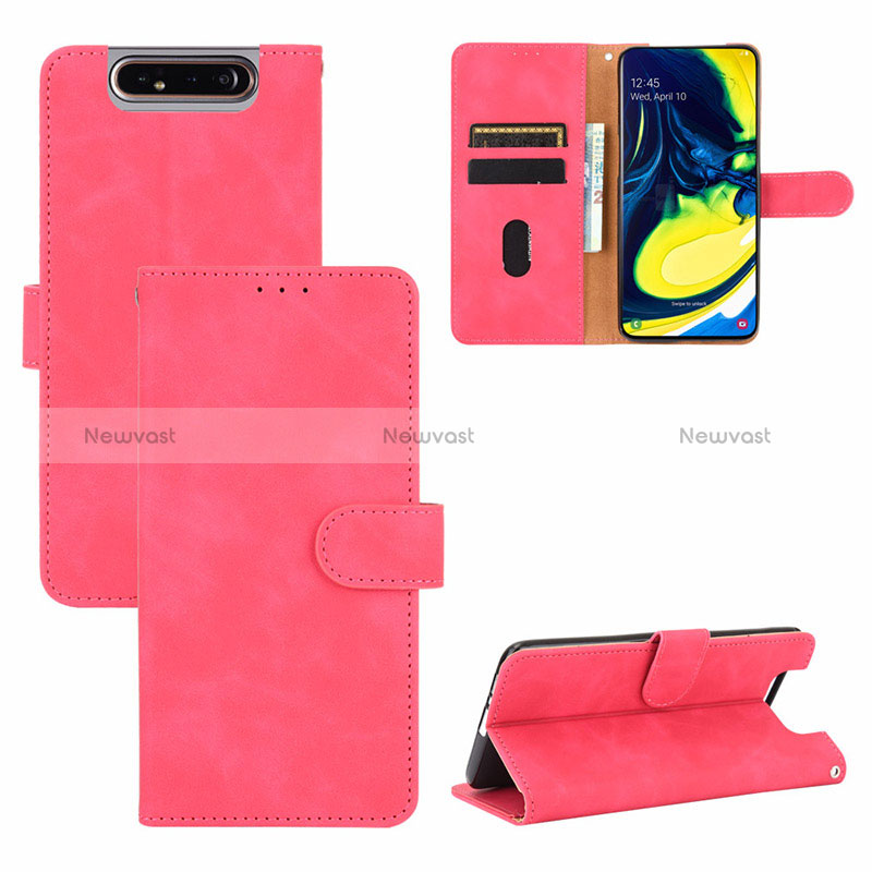 Leather Case Stands Flip Cover Holder L04Z for Samsung Galaxy A80 Hot Pink