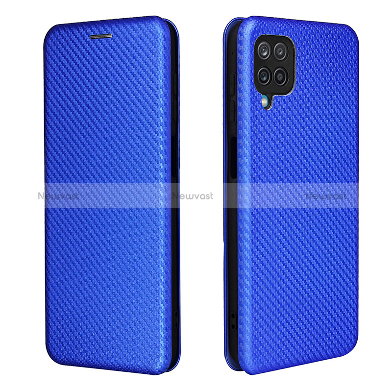 Leather Case Stands Flip Cover Holder L04Z for Samsung Galaxy M12 Blue