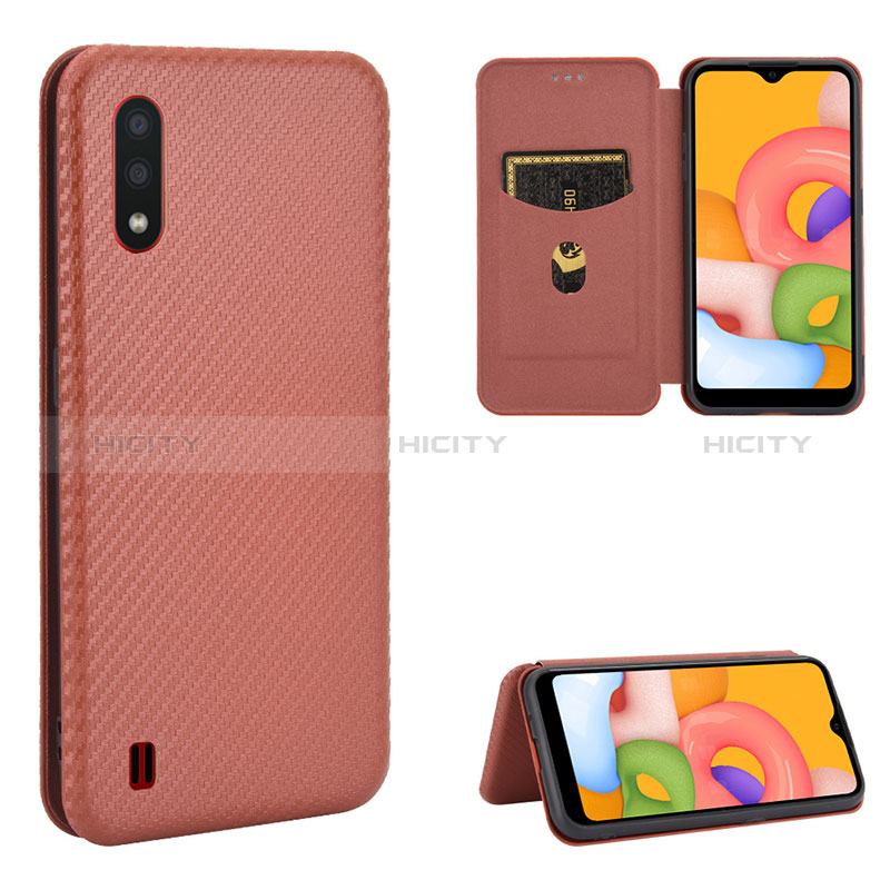 Leather Case Stands Flip Cover Holder L06Z for Samsung Galaxy A01 SM-A015 Brown