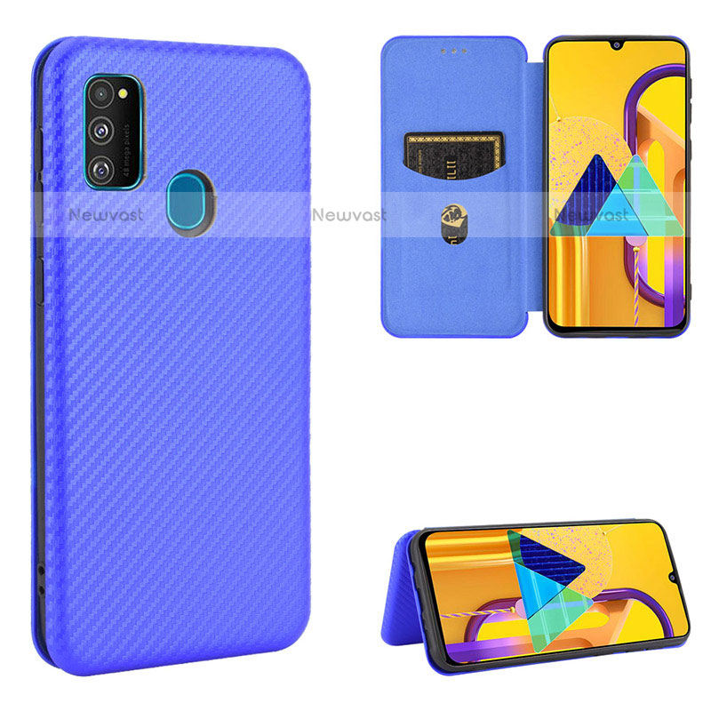 Leather Case Stands Flip Cover Holder L06Z for Samsung Galaxy M21 Blue