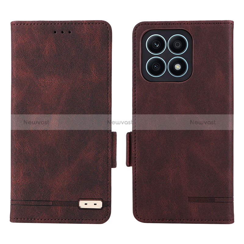 Leather Case Stands Flip Cover Holder L07Z for Huawei Honor X8a 4G Brown