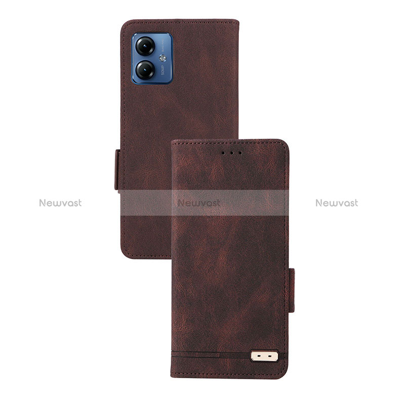 Leather Case Stands Flip Cover Holder L07Z for Motorola Moto G14 Brown