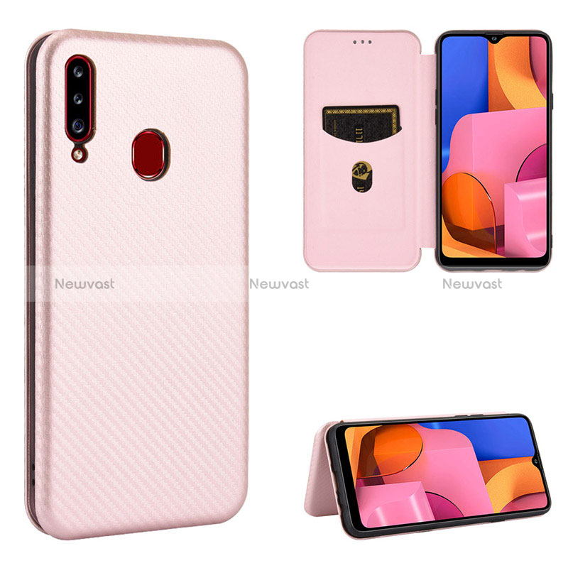 Leather Case Stands Flip Cover Holder L07Z for Samsung Galaxy A20s Rose Gold