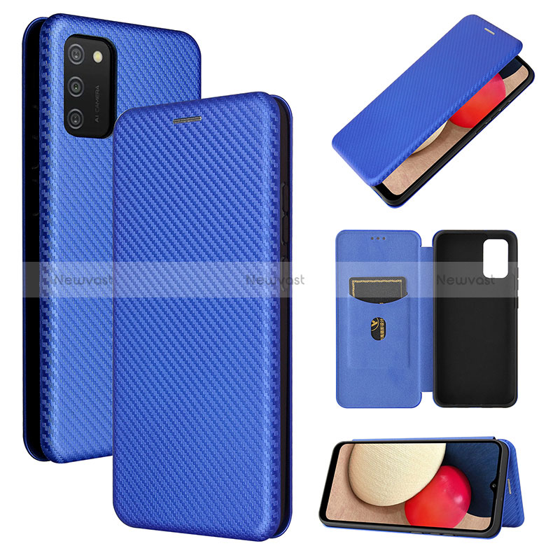 Leather Case Stands Flip Cover Holder L07Z for Samsung Galaxy F02S SM-E025F Blue