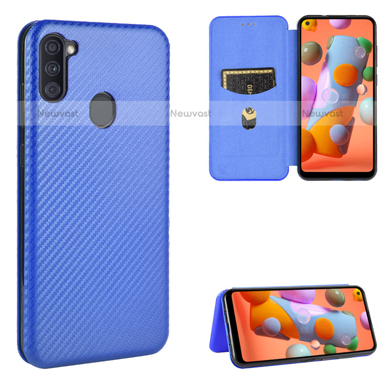 Leather Case Stands Flip Cover Holder L07Z for Samsung Galaxy M11 Blue