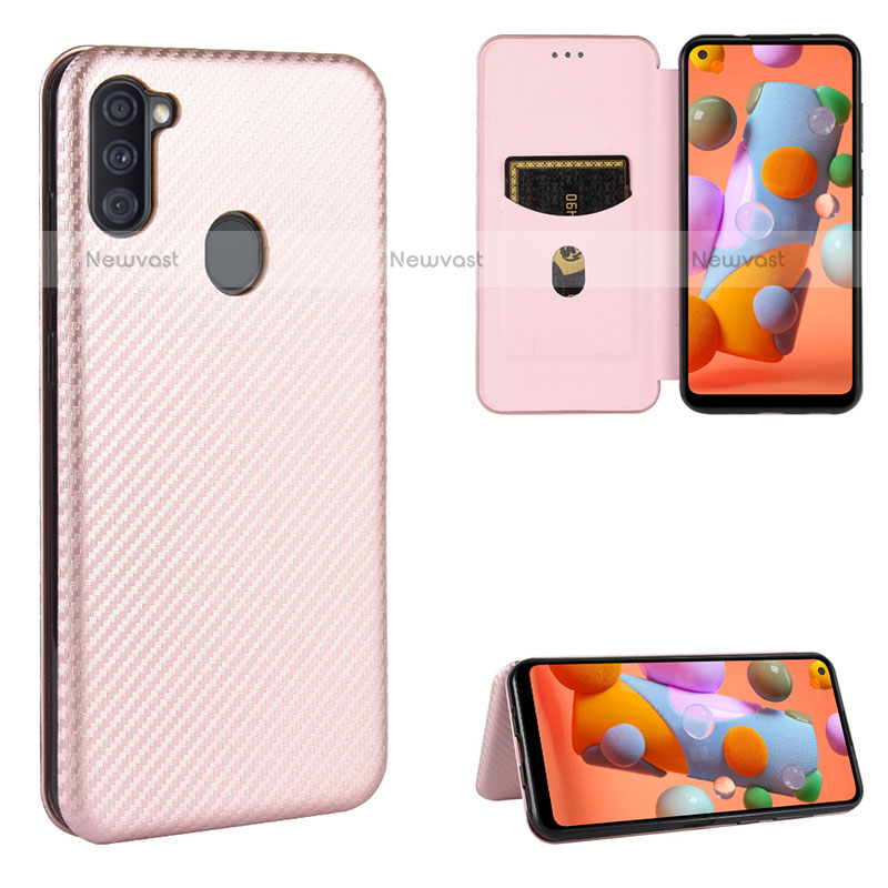 Leather Case Stands Flip Cover Holder L07Z for Samsung Galaxy M11 Rose Gold