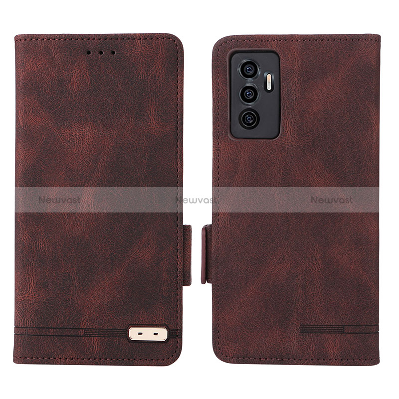 Leather Case Stands Flip Cover Holder L07Z for Vivo V23e 5G Brown