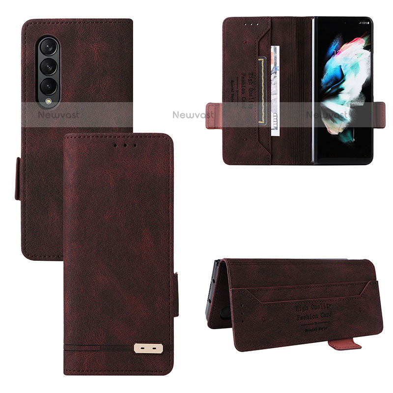 Leather Case Stands Flip Cover Holder L08Z for Samsung Galaxy Z Fold3 5G Brown