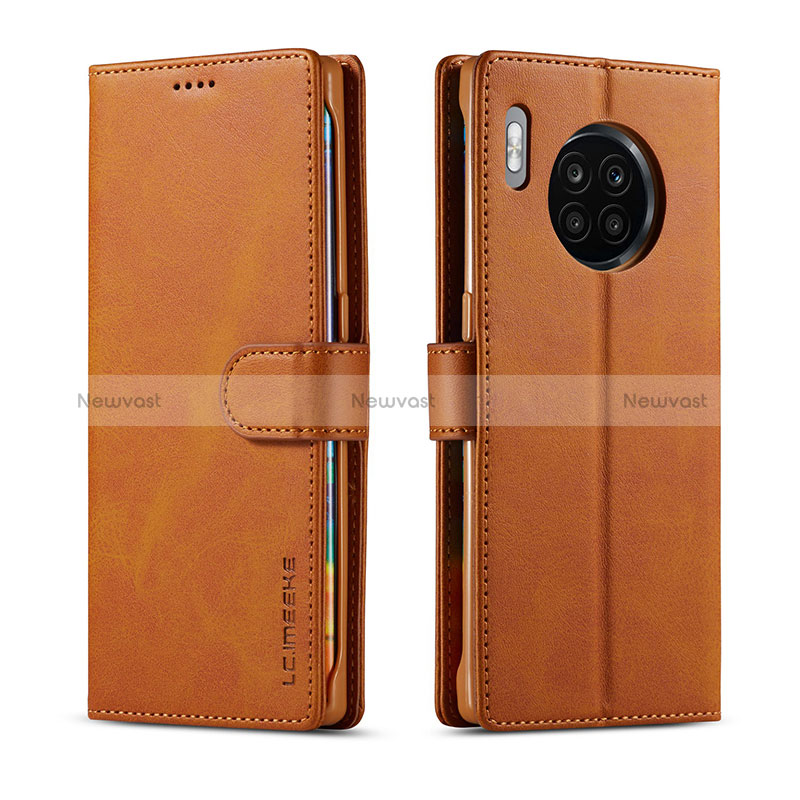 Leather Case Stands Flip Cover Holder LC1 for Huawei Nova 8i Light Brown