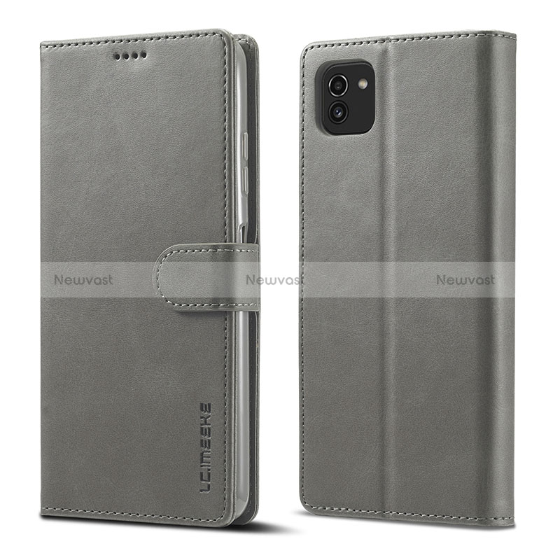 Leather Case Stands Flip Cover Holder LC1 for Samsung Galaxy A03 Gray