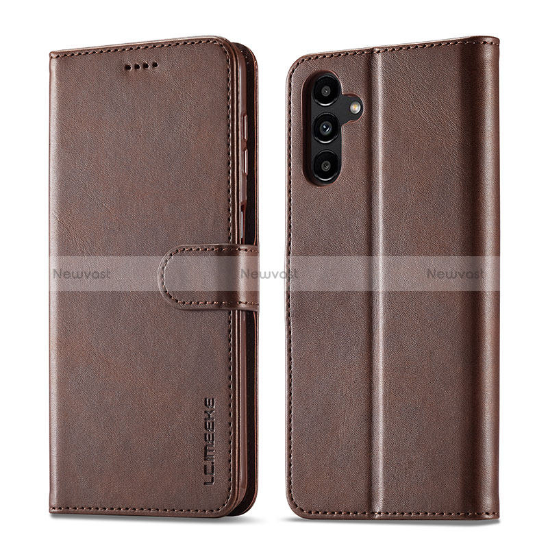 Leather Case Stands Flip Cover Holder LC1 for Samsung Galaxy A14 4G Brown