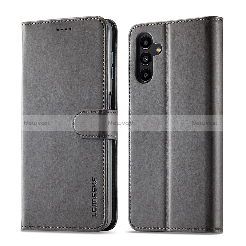 Leather Case Stands Flip Cover Holder LC1 for Samsung Galaxy A14 4G Gray