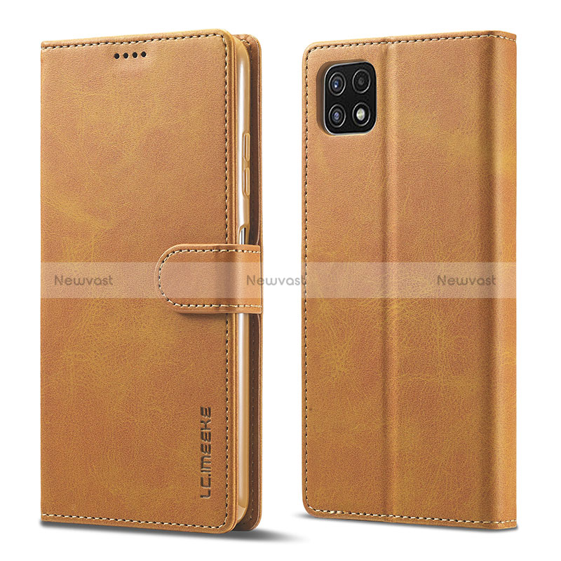 Leather Case Stands Flip Cover Holder LC1 for Samsung Galaxy A22 5G Light Brown