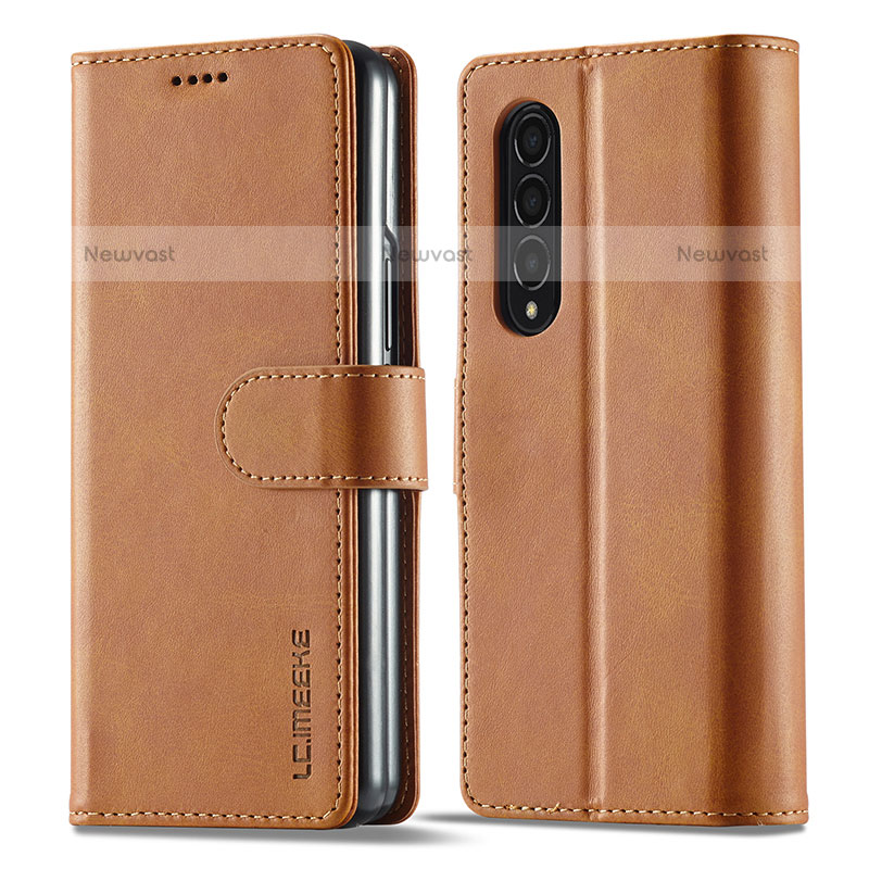 Leather Case Stands Flip Cover Holder LC1 for Samsung Galaxy Z Fold3 5G Light Brown