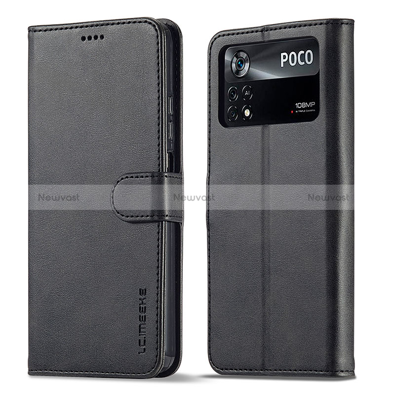 Leather Case Stands Flip Cover Holder LC1 for Xiaomi Poco M4 Pro 4G Black