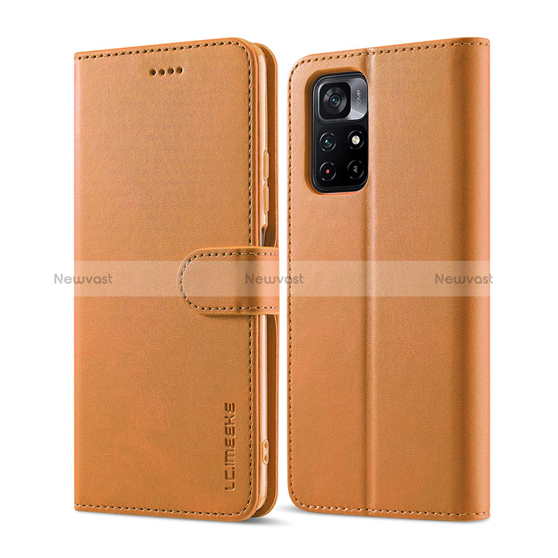 Leather Case Stands Flip Cover Holder LC1 for Xiaomi Poco M4 Pro 5G Light Brown