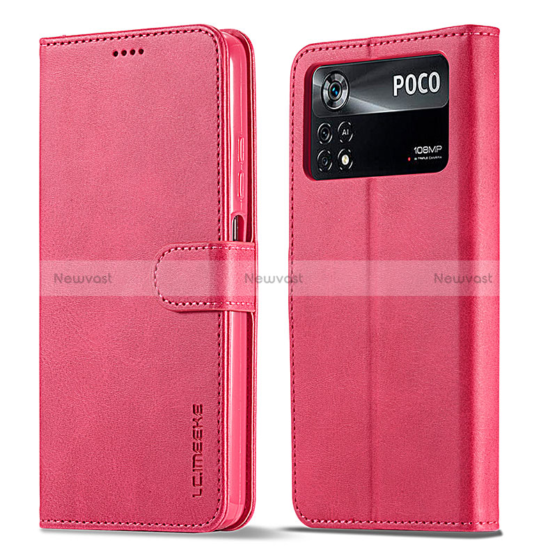 Leather Case Stands Flip Cover Holder LC1 for Xiaomi Poco X4 Pro 5G Hot Pink