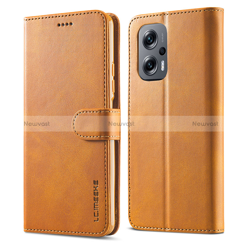 Leather Case Stands Flip Cover Holder LC1 for Xiaomi Redmi Note 12T Pro 5G Light Brown