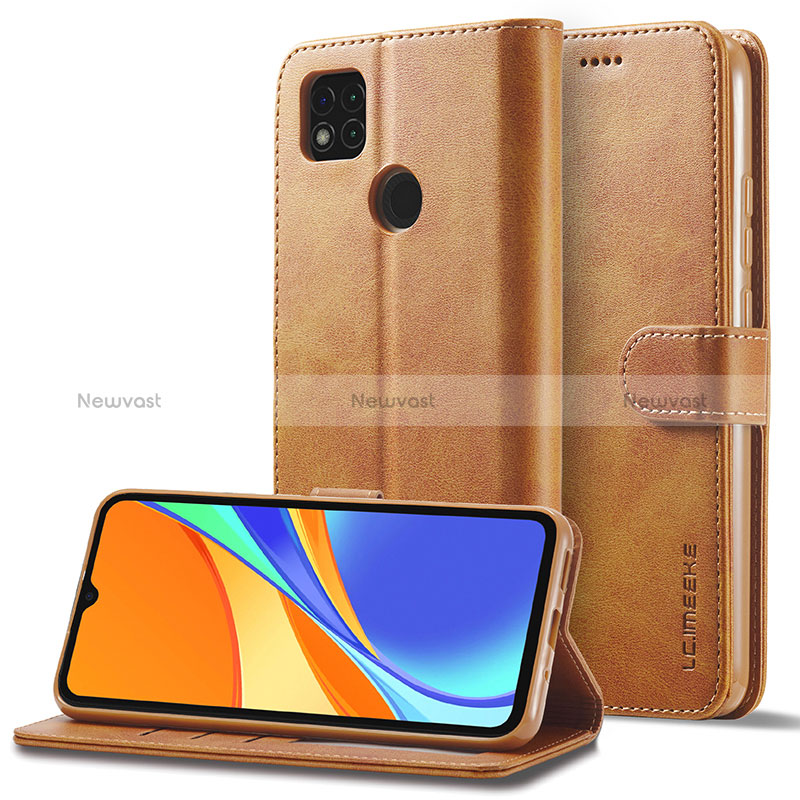 Leather Case Stands Flip Cover Holder LC2 for Xiaomi POCO C3 Light Brown