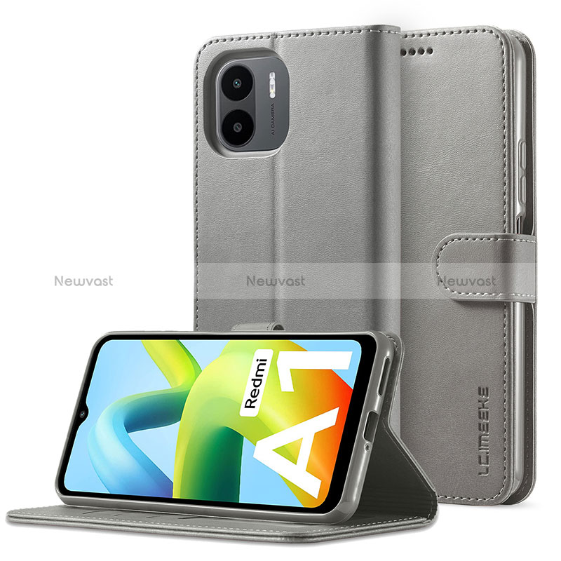 Leather Case Stands Flip Cover Holder LC2 for Xiaomi Poco C51 Gray