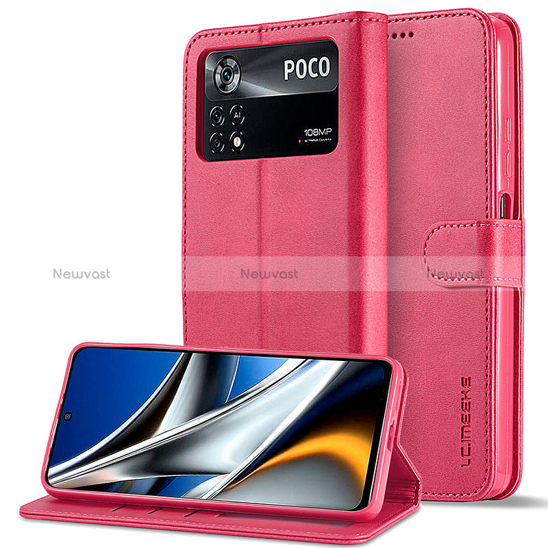 Leather Case Stands Flip Cover Holder LC2 for Xiaomi Poco M4 Pro 4G Hot Pink