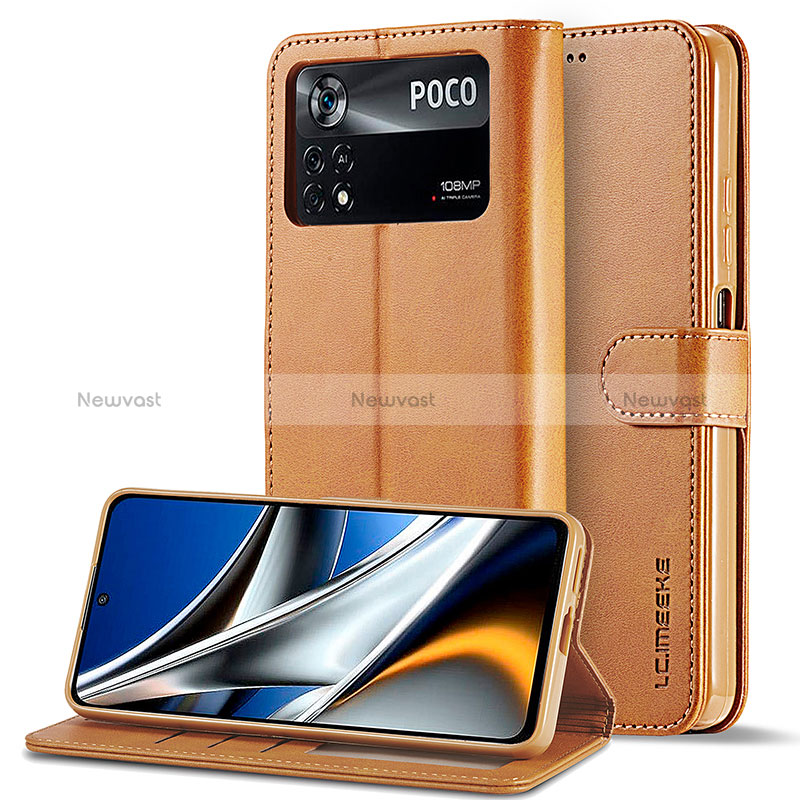 Leather Case Stands Flip Cover Holder LC2 for Xiaomi Poco M4 Pro 4G Light Brown