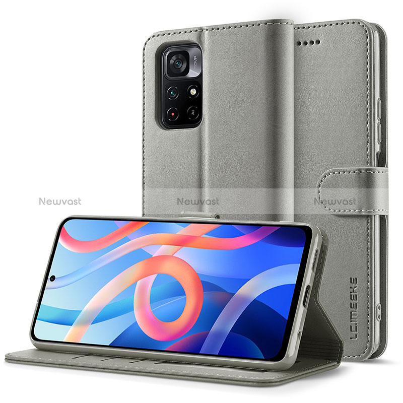 Leather Case Stands Flip Cover Holder LC2 for Xiaomi Poco M4 Pro 5G Gray